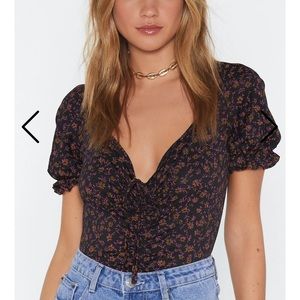 NastyGal Ruched floral puff sleeve body suit